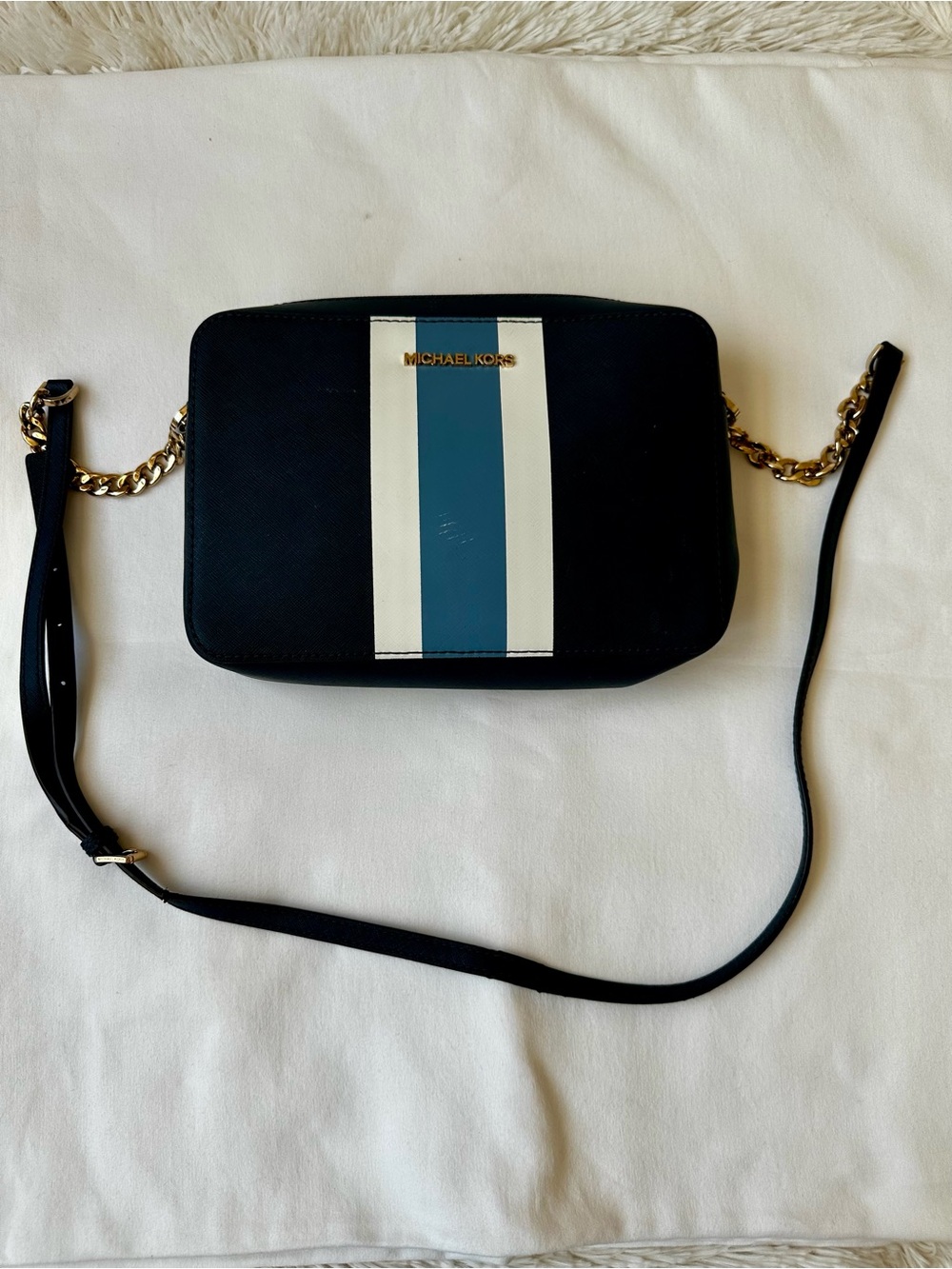 Michael Kors Navy Blue Stripe Saffiano Leather Jet Set Camera Crossbody Bag Gold